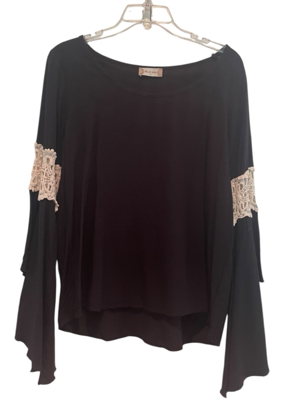 Altar'd State Black Bell Sleeve Top with Crochet Trim (M) - Picture 2 of 6